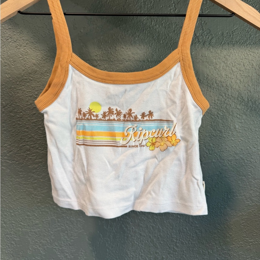 Ripcurl White cropped Ribbed Tank with Mustard Trim